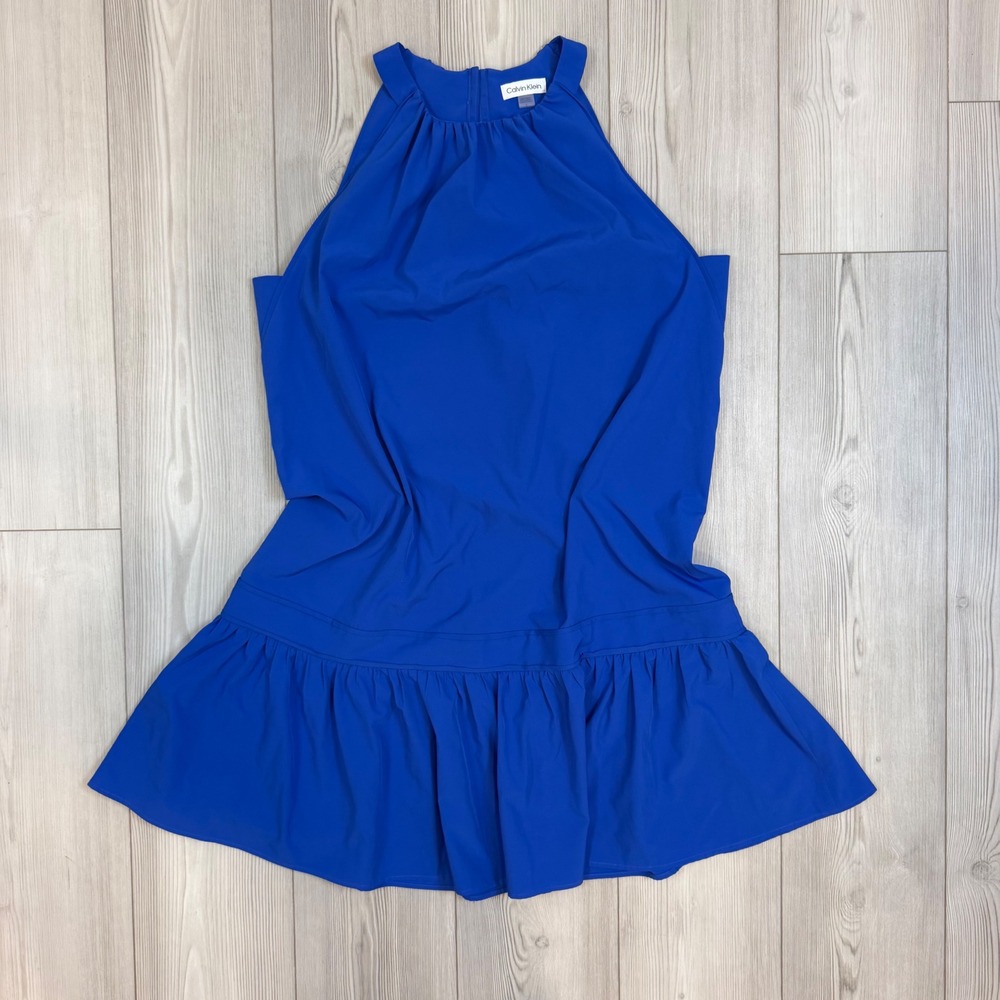 Calvin Klein Royal Blue Halter Drop Waist Ruffle Hem Cocktail Dress Size 12